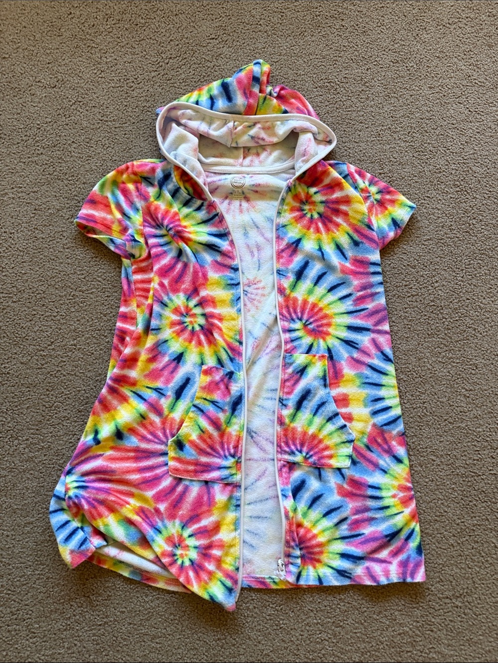 wonder nation Kids Tie-Dye Hooded Swim Coverup - Rainbow Pink Yellow Blue